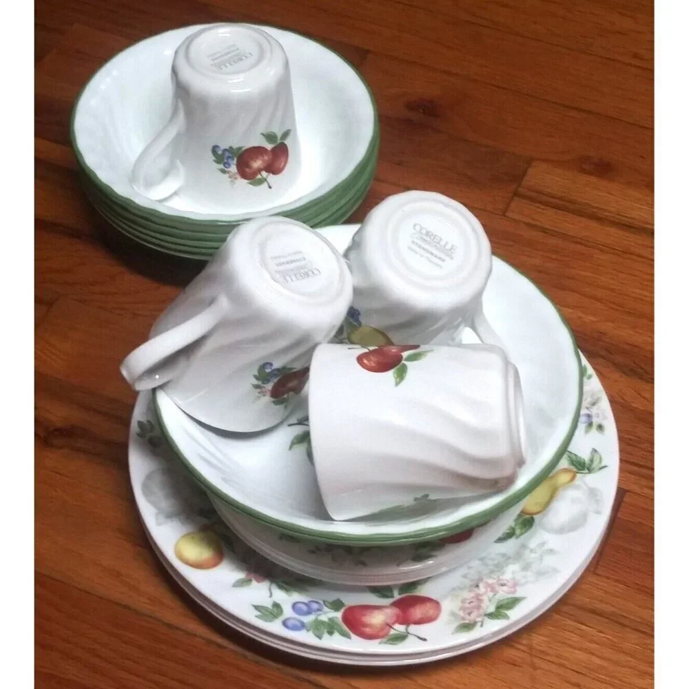 24pc Corelle Chutney Dinnerware set Plates/Bowls/Cups Saucers swirl fruit design